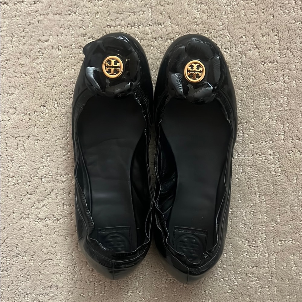 Tory Burch Black Leather Flats with Gold Detail
